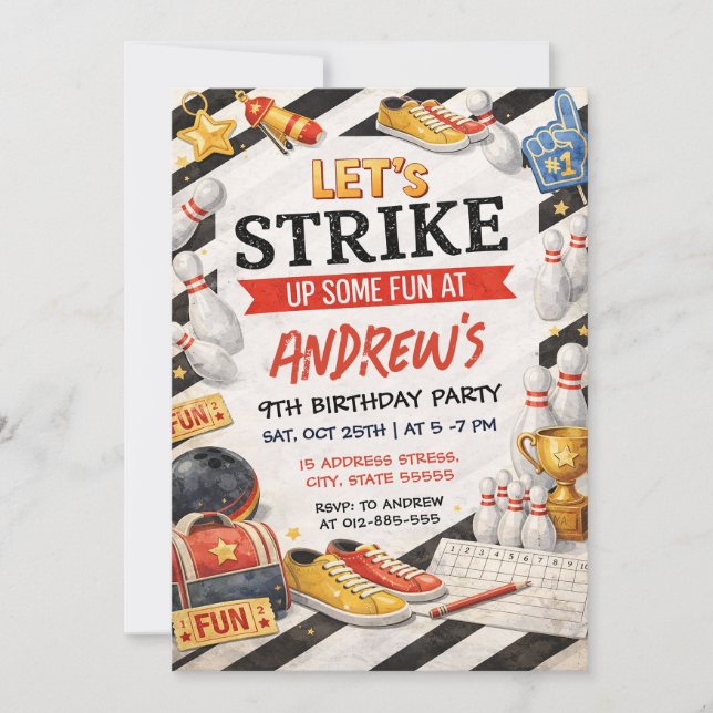 Invitation Fête d'anniversaire personnalisée de bowling vinta (Devant)