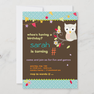 Invitation Fête d'anniversaire personnalisée du hibou Aqua/Ch