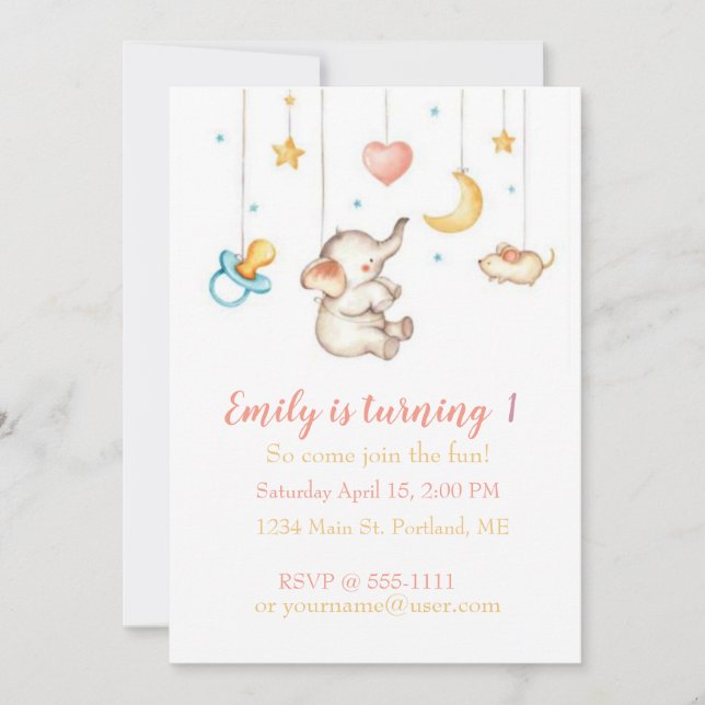 Invitation Fête d'anniversaire personnalisée pour bébé élépha (Devant)