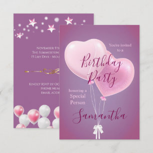 Invitation Fête d'anniversaire Personne Spéciale Ballons Rose