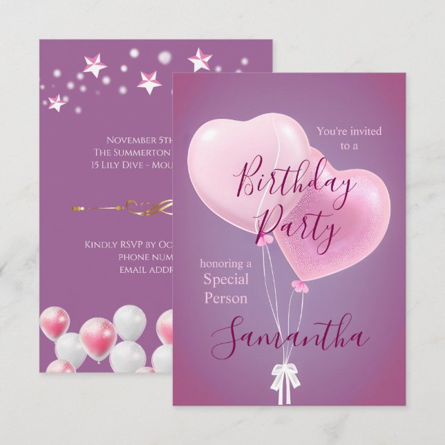 Invitation Fête d'anniversaire Personne Spéciale Ballons Rose (Devant / Derrière)