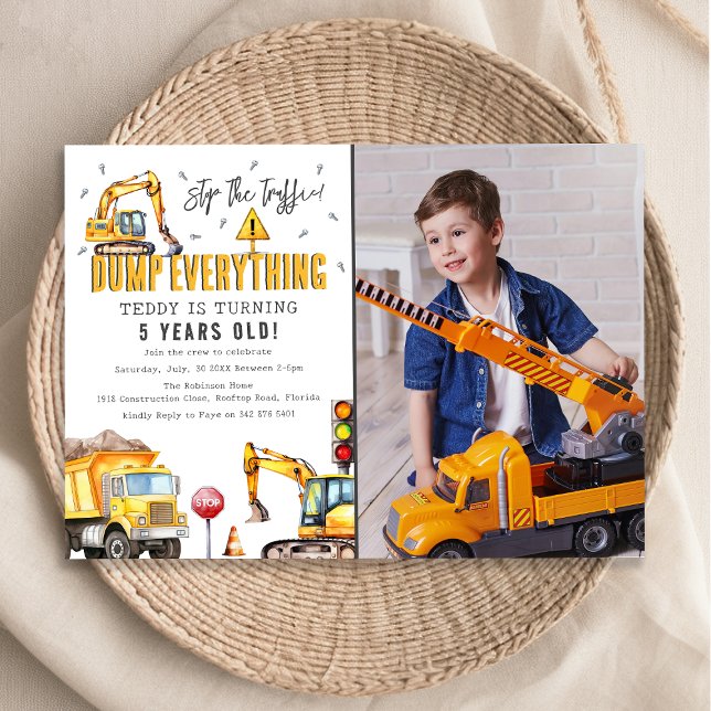 Invitation Fête d'anniversaire photo aquarelle construction p (Créateur téléchargé)