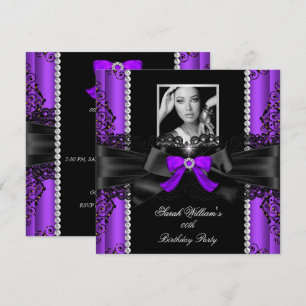 Invitation Fête d'anniversaire Photo Broderie noire violette