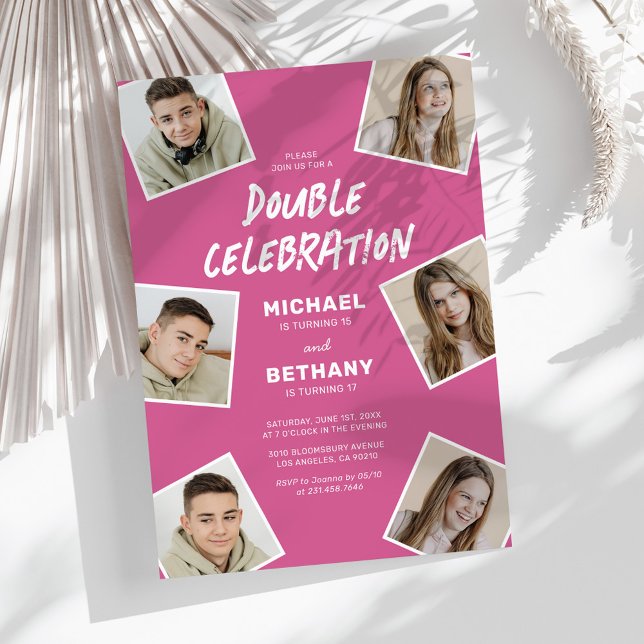 Invitation Fête d'anniversaire photo conjointe rose moderne (Créateur téléchargé)