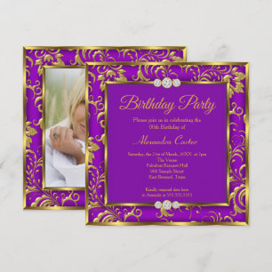 Invitation Fête d'anniversaire Photo Damassé Floral Violet Or