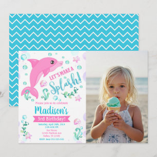 Invitation Fête d'anniversaire photo dauphin rose Piscine