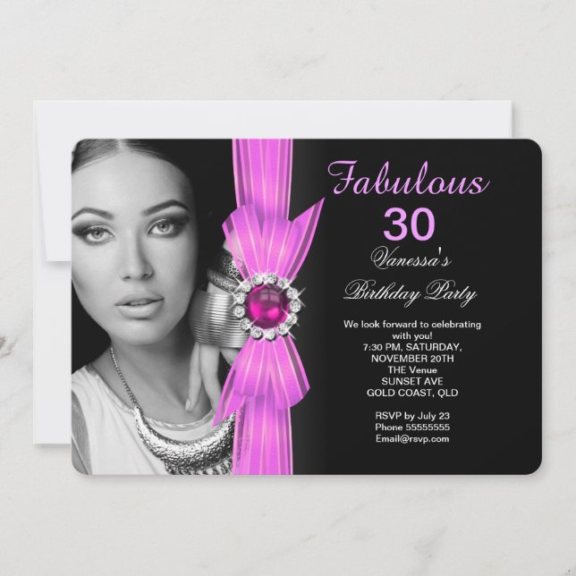 Invitation Fête d'anniversaire photo fabuleuse rose noir (Devant)