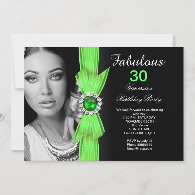 Invitation Fête d'anniversaire photo fabuleuse vert citron no (Devant)