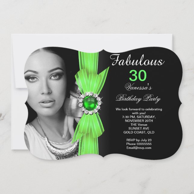 Invitation Fête d'anniversaire photo fabuleuse vert citron no (Devant)