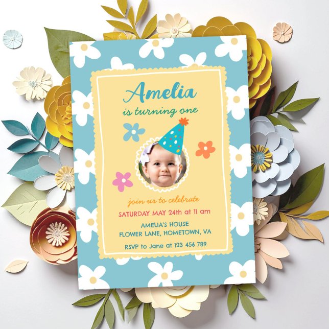 Invitation Fête d'anniversaire photo florale colorée (Créateur téléchargé)