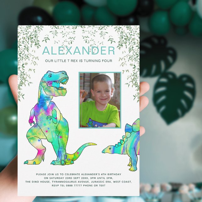 Invitation Fête d'anniversaire Photo Jungle de Dinosaures (Dinosaur 4th birthday party with photo template)