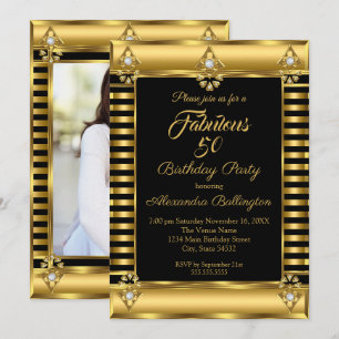 Invitation Fête d'anniversaire photo noir or déco rayure