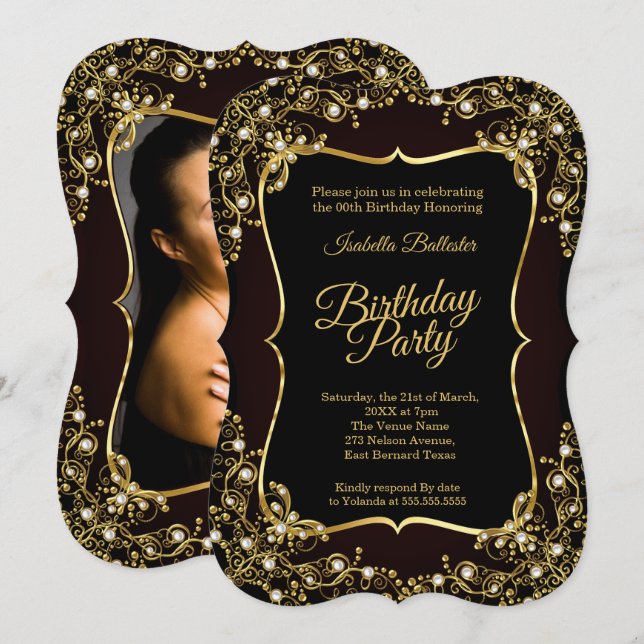 Invitation Fête d'anniversaire photo noir perles d'or (Devant / Derrière)