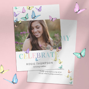 Invitation Fête d'anniversaire Photo Papillons Pastel Arc-en-