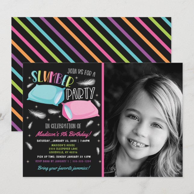 Invitation Fête d'anniversaire photo Pyjama Party Arc-en-ciel (Devant / Derrière)