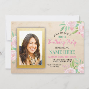 Invitation Fête d'anniversaire Photo rose fleurs florales Inv