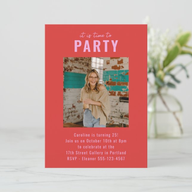 Invitation Fête d'anniversaire Photo Rose Rouge Gras (Debout devant)