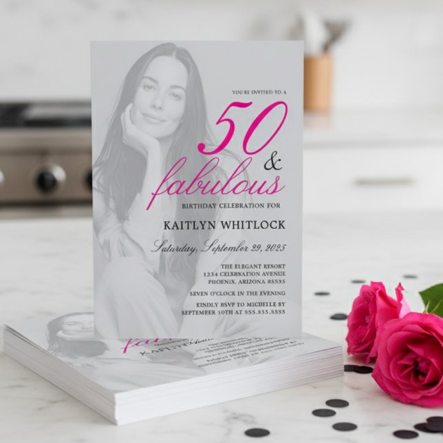 Invitation Fête d'anniversaire Photo Script Rose 50 ans et Fa (modern elegant fifty and fabulous pink birthday party invitation with full photo for 50th birthday)