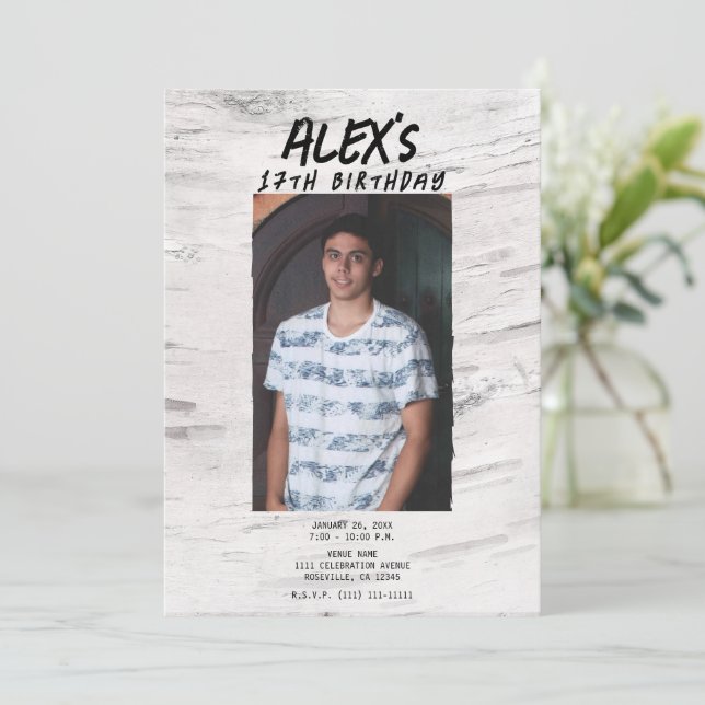 Invitation Fête d'anniversaire photo tendance bouleau blanc r (Debout devant)