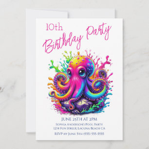 Invitation Fête d'anniversaire - Pieuvre colorée éclaboussure
