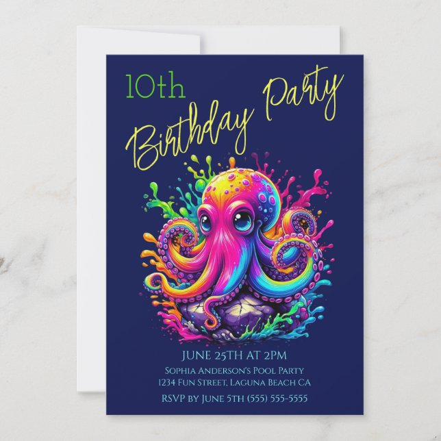 Invitation Fête d'anniversaire - Pieuvre colorée éclaboussure (Devant)