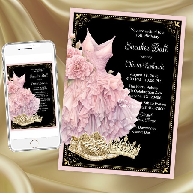 Invitation Fête d'anniversaire Pink Black Gold Sneaker Ball  (Pink black gold sneaker ball invitation. Instant download and printed invitations available.)