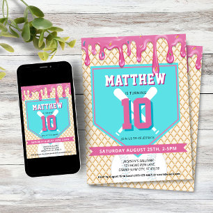 Invitation Fête d'anniversaire Pink Blue Baseball Drip Tout Â