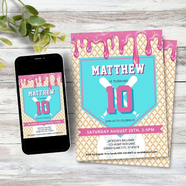 Invitation Fête d'anniversaire Pink Blue Baseball Drip Tout Â (Baseball Drip Birthday Party Invitation)