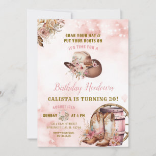 Invitation Fête d'anniversaire Pink Brown Woods Cowgirl Hoedo
