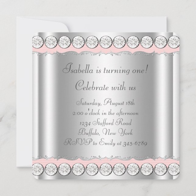 Invitation Fête d'anniversaire Pink Diamonds rose et argent (Dos)