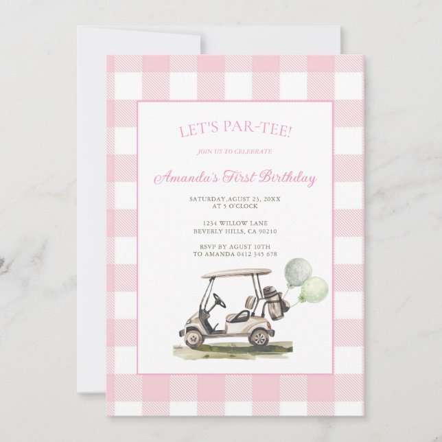 Invitation Fête d'anniversaire Pink Gingham Let's Par-Tee Gol (Devant)