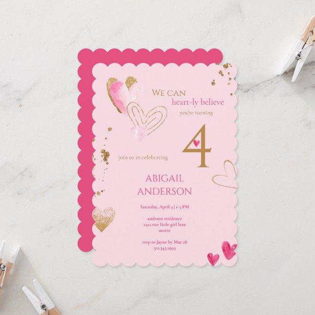 Invitation Fête d'anniversaire Pink Heart-ly Believe (Devant/Arrière en situation)