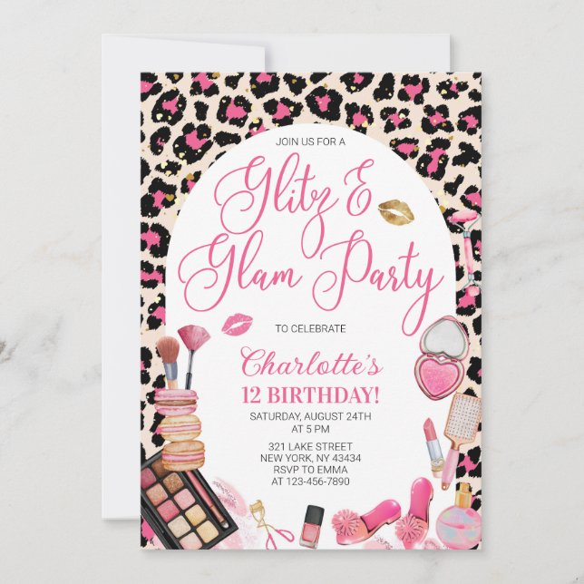 Invitation Fête d'anniversaire Pink Leopard Glitz et Glam Par (Devant)