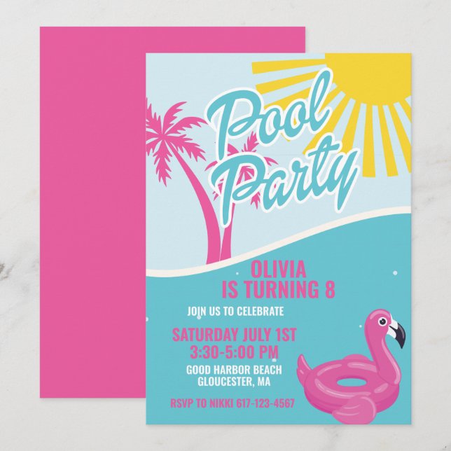 Invitation Fête d'anniversaire Pink Malibu Pool Party (Devant / Derrière)