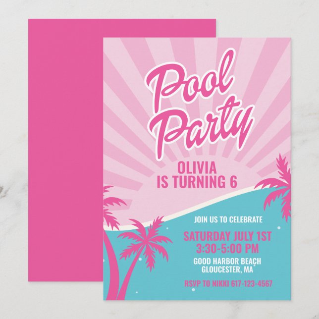 Invitation Fête d'anniversaire Pink Malibu Pool Party (Devant / Derrière)