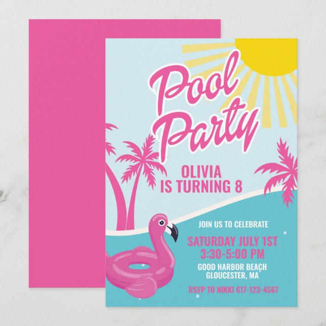 Invitation Fête d'anniversaire Pink Malibu Pool Party (Devant / Derrière)