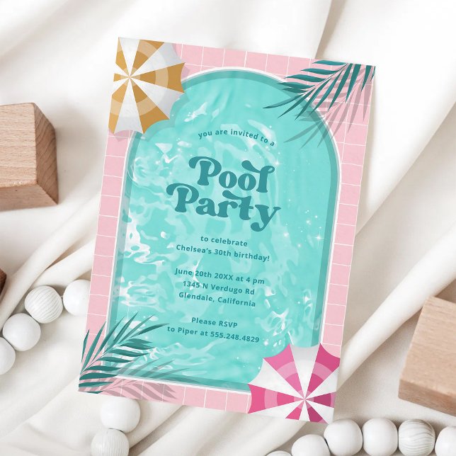 Invitation Fête d'anniversaire Pink Palm Springs Pool Party (Créateur téléchargé)