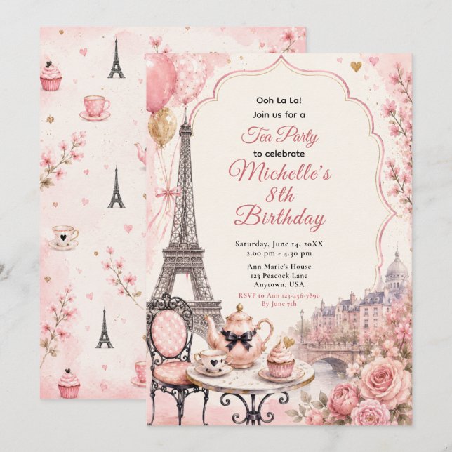 Invitation Fête d'anniversaire Pink Paris Tea Party (Devant / Derrière)