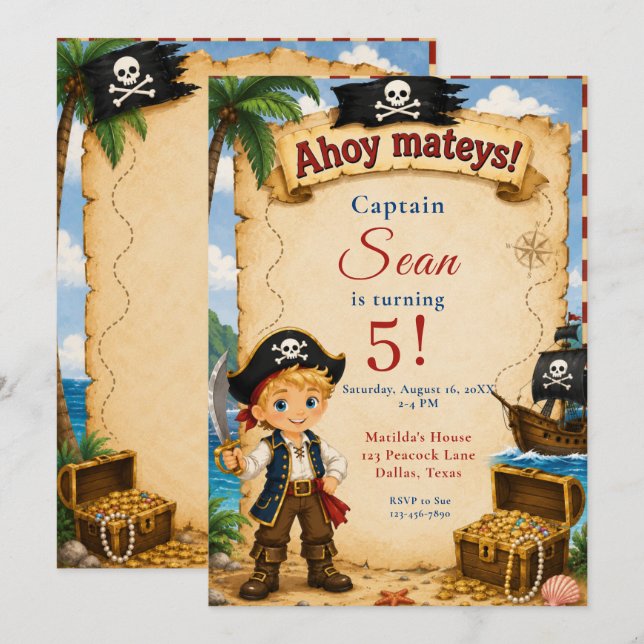 Invitation Fête d'anniversaire pirate (Devant / Derrière)