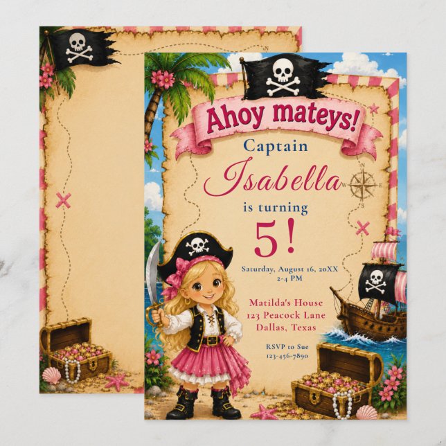 Invitation Fête d'anniversaire pirate (Devant / Derrière)