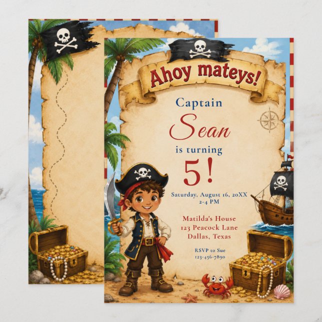 Invitation Fête d'anniversaire pirate (Devant / Derrière)