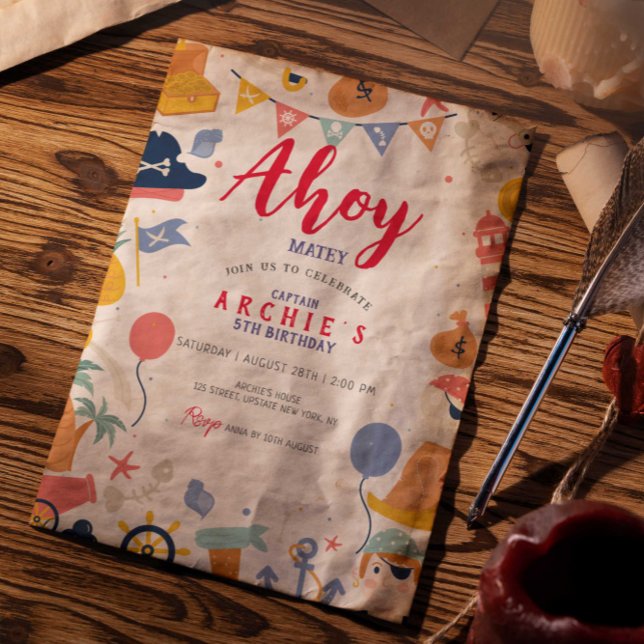 Invitation Fête d'anniversaire Pirate Ahoy matey Boy (Ahoy Pirate Birthday Invitation Template Editable Digital)