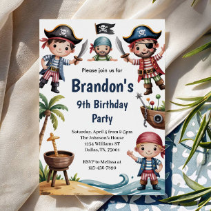 Invitation Fête d'anniversaire pirate de plage d'été pour enf