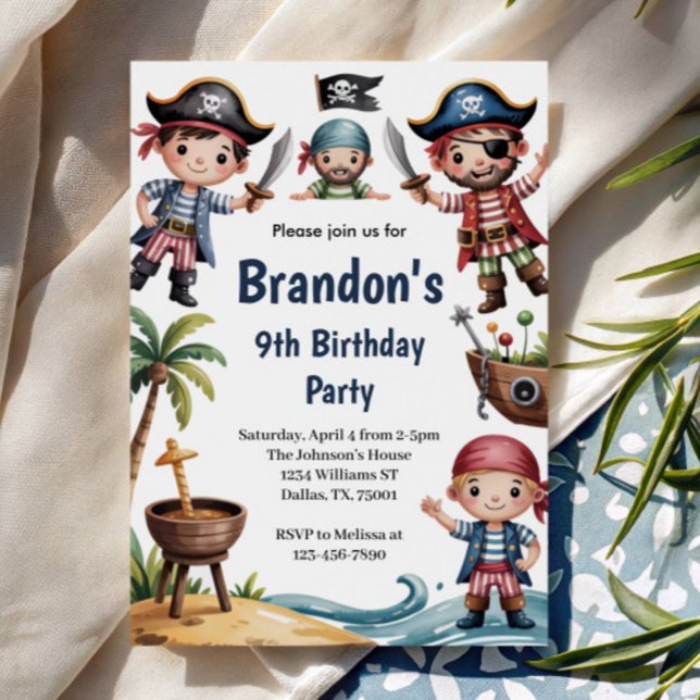 Invitation Fête d'anniversaire pirate de plage d'été pour enf (Créateur téléchargé)