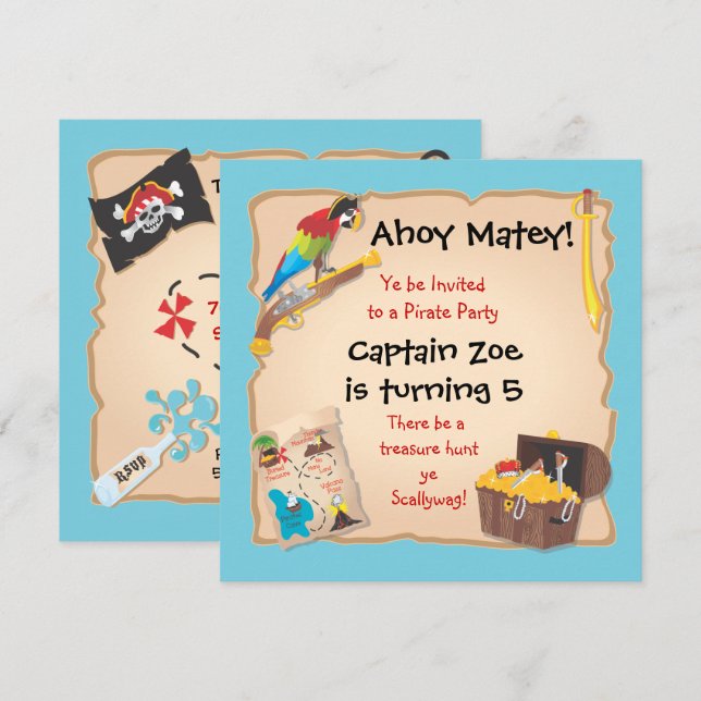 Invitation Fête d'anniversaire Pirate et chasse au trésor (Devant / Derrière)