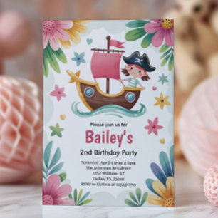 Invitation Fête d'anniversaire Pirate Filles Aquarelle 2 ans