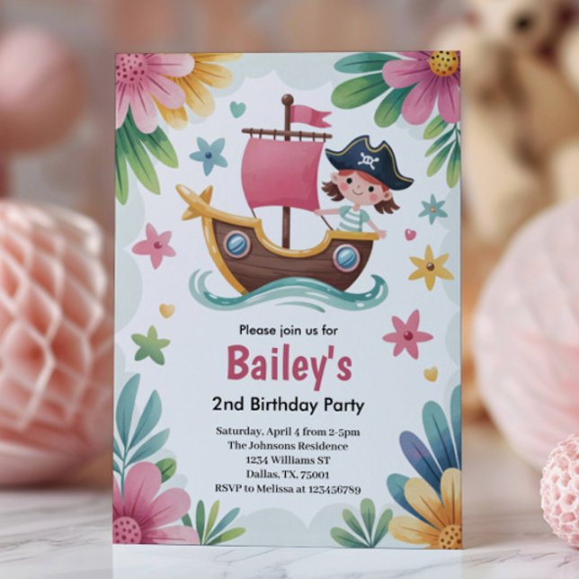 Invitation Fête d'anniversaire Pirate Filles Aquarelle 2 ans (Créateur téléchargé)