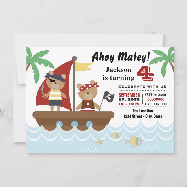 Invitation Fête d'anniversaire pirate ours pour garçons (Devant)