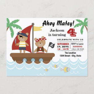 Invitation Fête d'anniversaire pirate ours pour garçons