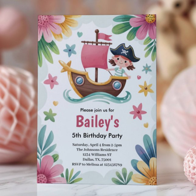 Invitation Fête d'anniversaire pirate pour filles à l'aquarel (Créateur téléchargé)